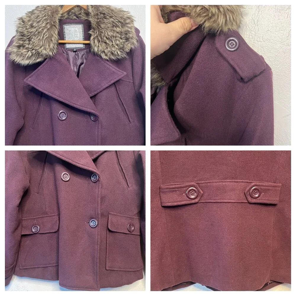 Dollhouse Women's Burgundy Peacoat Jacket Faux Fur Collar XL Double Breasted - Picture 11 of 16